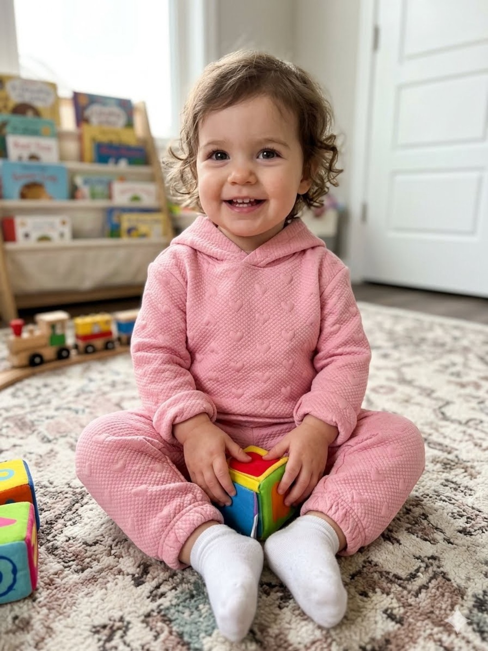 ANDY & EVAN Pink Heart-Textured Hoodie & Jogger Set- 3T